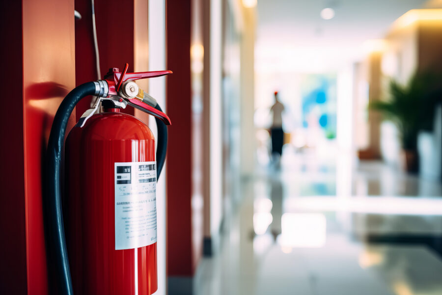 Fire extinguisher and fire hose reel in hotel corridor